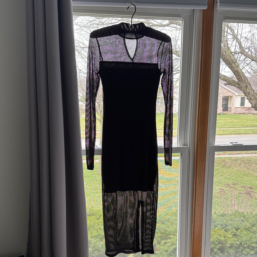 Express Black Ribbed Long-Sleeve Midi Dress with Mock Neck NWOT